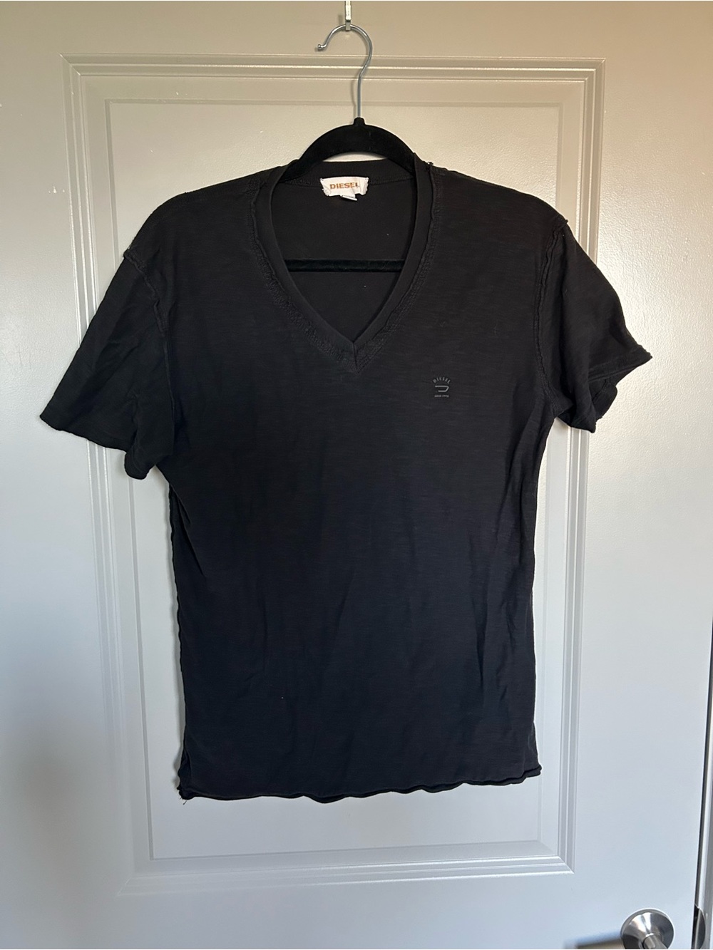 Diesel Mens Black V-Neck Short Sleeve Rough Edge Tee